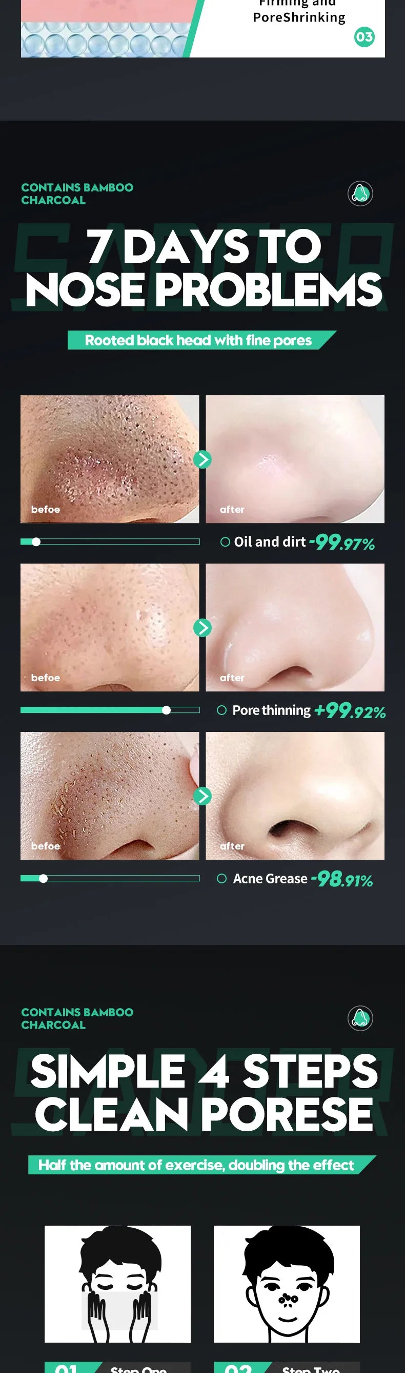 Bamboo Charcoal Clean Nose Patches Face Cleansing Quickly Remove Blackheads Comedones Shrink Pore Skin Care Mask Patch Anti Acne