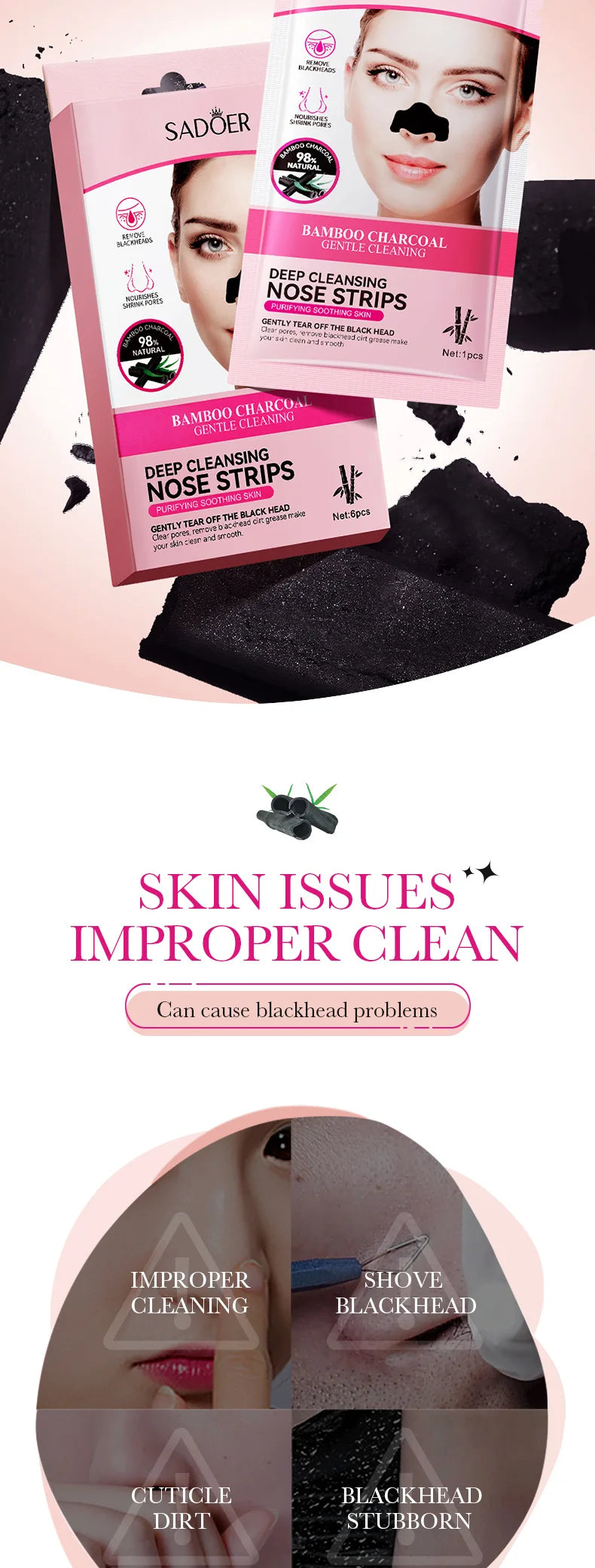 Bamboo Charcoal Clean Nose Patches Face Cleansing Quickly Remove Blackheads Comedones Shrink Pore Skin Care Mask Patch Anti Acne